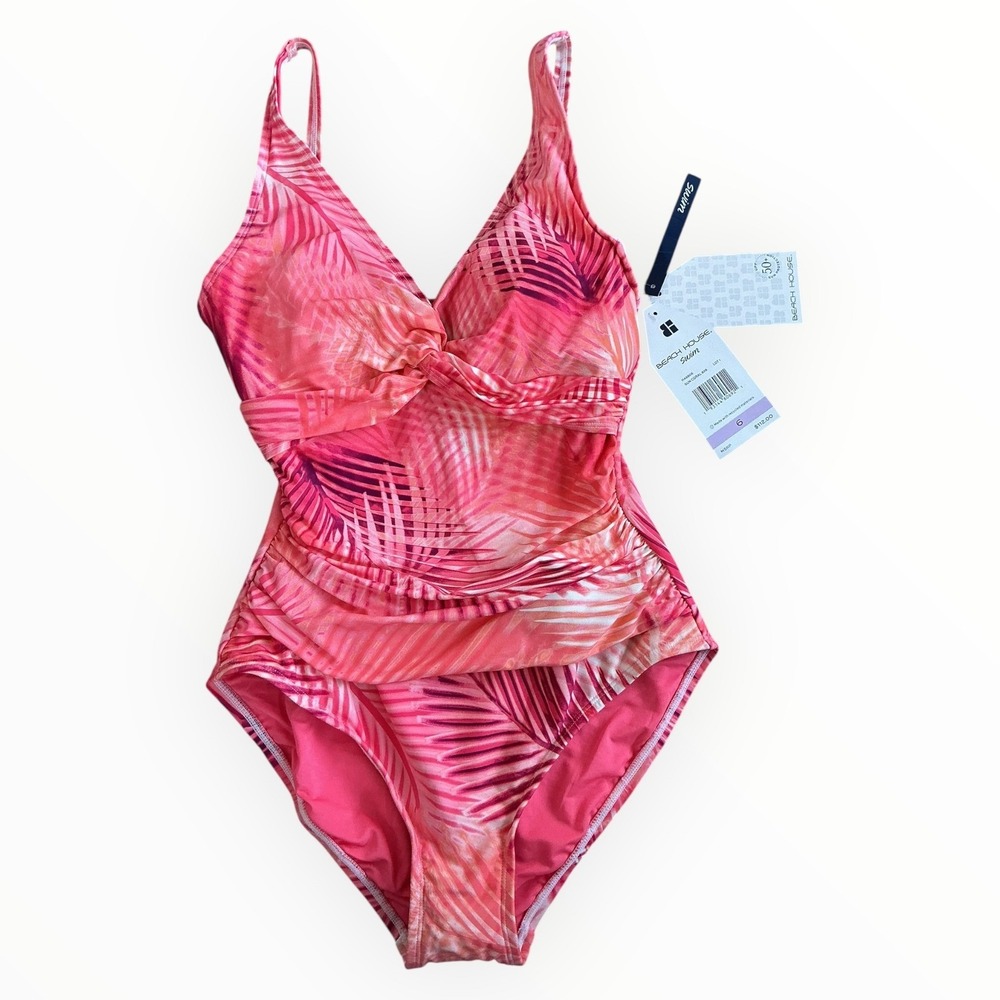 Beach House Swim Sun Coral‎ One Piece Swimsuit Size 6 UPF50+ Pink Palm Print NWT